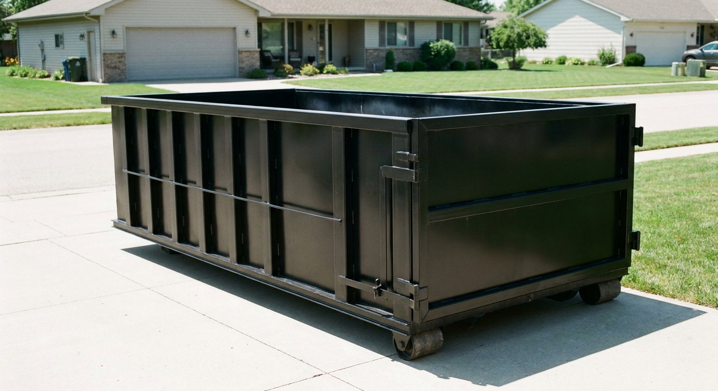 Matte-black 10-yard roll-off dumpster on a residential concrete driveway in Rochester, uniformly painted matte black across every panel and rail, ribbed steel sidewalls and rear swing door visible, mid-day daylight.