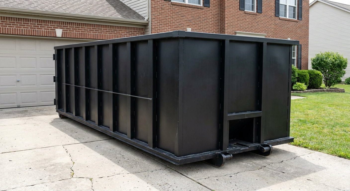 Matte-black 20-yard roll-off container on a Rochester residential concrete driveway with reinforced ribbed steel sidewalls and a hinged rear walk-in door, clean bright daylight.