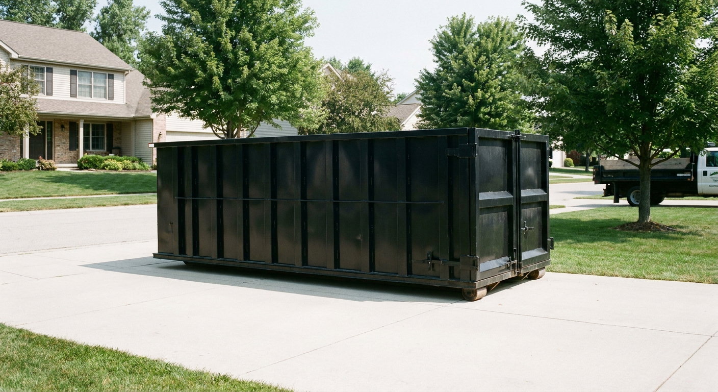 Matte-black 20-yard roll-off dumpster sitting level on a clean Rochester residential concrete driveway under bright daylight, demonstrating clean placement directly on the concrete.
