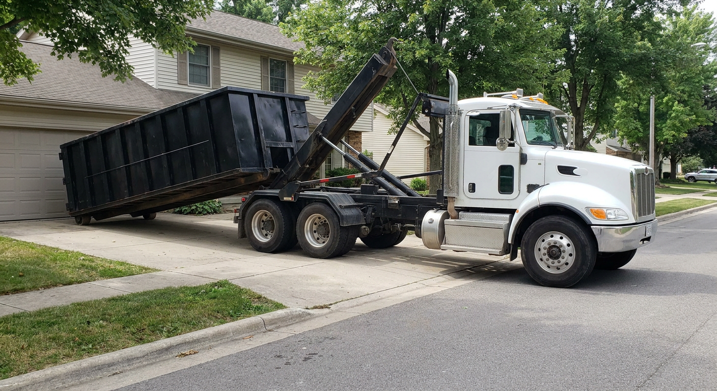 White-cab hooklift roll-off truck actively lowering a matte-black dumpster onto a Rochester residential concrete driveway, the dumpster's rear wheels touching the driveway as the hoist arm tilts the bed forward, mid-morning daylight.