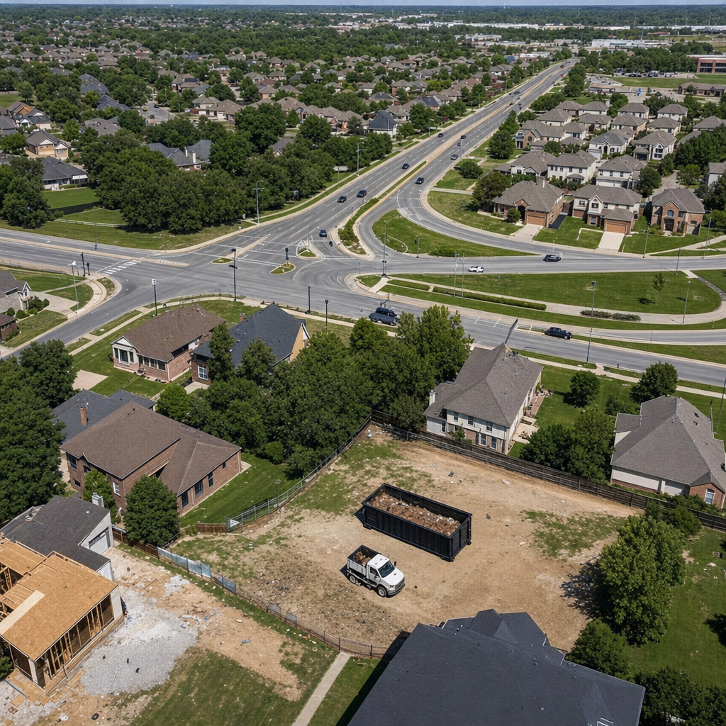 An overhead documentary view of the Rochester metro area at midday, showing the spread of neighborhoods, arterial roads, and the dispatch radius from a central yard — clean daylight, organized geographic layout.